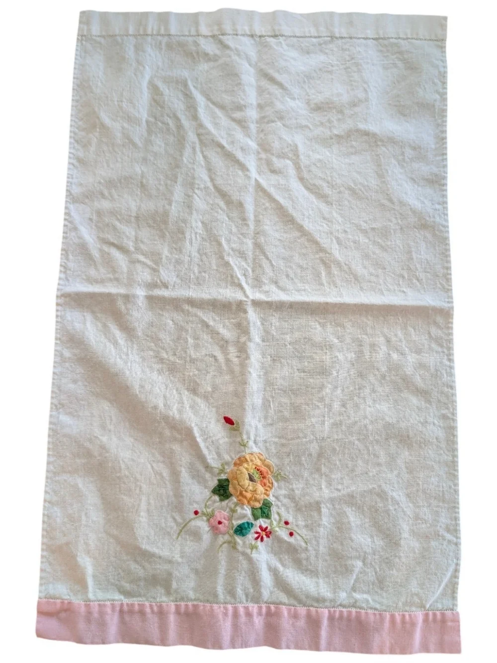 Linen Tea Towel with Pink Trim and Floral Embroidery
